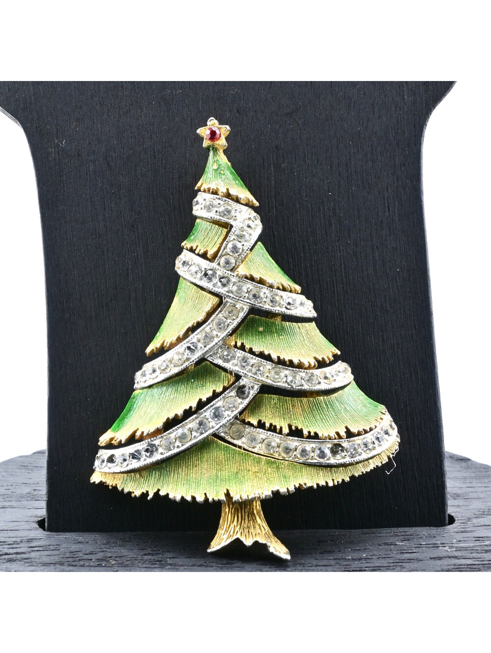 Vintage Signed JJ Green Wash Enamel Rhinestone Christmas Tree Brooch..READ!e